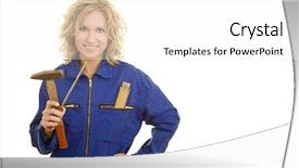  Presentation with working - Presentation design having complacency - blonde woman with overall working background and a white colored foreground