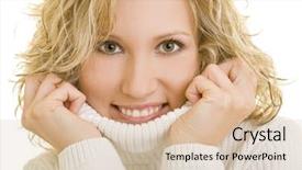 Presentation with young business woman smile show - Audience pleasing PPT layouts consisting of complacency - smiling young woman with turtleneck backdrop and a lemonade colored foreground