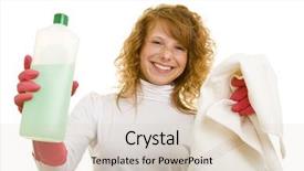  Presentation with cleaning - Audience pleasing theme consisting of complacency - young redheaded woman holding cleaning backdrop and a lemonade colored foreground