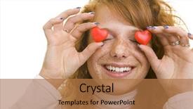  Presentation with candy heart - Slides with complacency - young redheaded woman holding red background and a coral colored foreground