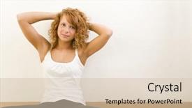  Presentation with wall - Beautiful slides featuring complacency - young redheaded woman leaning backdrop and a soft green colored foreground