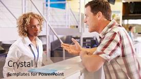  Presentation with staff - Slide deck featuring complaint - angry passenger complaining to staff background and a coral colored foreground