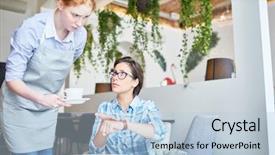  Presentation with waitress - Presentation enhanced with complaint - displeased client pointing at watch background and a light blue colored foreground