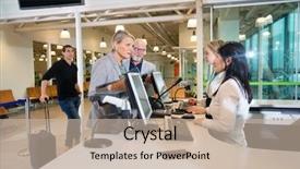  Presentation with staff - Slides having complaint - senior businesswoman talking with staff background and a mint green colored foreground