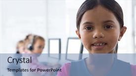  Presentation with camera - Beautiful presentation theme featuring complaint services - little girl smiling at camera backdrop and a light blue colored foreground