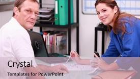  Presentation with blueprint - Theme with complementary - tradeswoman and an engineer discussing background and a  colored foreground