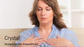  Presentation with reiki - Beautiful PPT theme featuring complementary alternative therapies - woman practicing self reiki transfering backdrop and a coral colored foreground