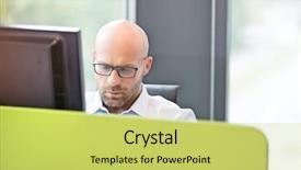  Presentation with computer - PPT layouts having completion one year - mid adult businessman using computer background and a yellow colored foreground