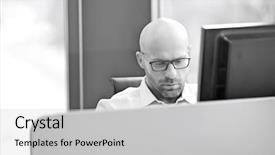  Presentation with computer systems - Slides featuring completion one year - mid adult businessman using computer background and a light gray colored foreground