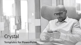  Presentation with office chair - Presentation featuring completion one year - mid adult businessman using mobile background and a light gray colored foreground