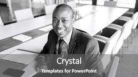  Presentation with conference table - Audience pleasing PPT layouts consisting of completion one year - portrait of smiling young businessman backdrop and a  colored foreground