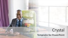  Presentation with office life - Cool new PPT layouts with completion one year - serious mature businessman talking backdrop and a light gray colored foreground