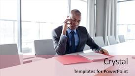  Presentation with conference table - Presentation having completion one year - young businessman holding file while background and a  colored foreground