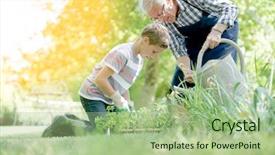  Presentation with grandfather - Audience pleasing PPT theme consisting of complicated - grandfather with grandson gardening together backdrop and a mint green colored foreground