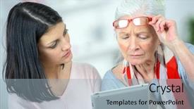  Presentation with helping - Colorful slide deck enhanced with complicated - helping old woman use backdrop and a light blue colored foreground