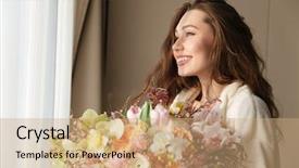  Presentation with home window frame - Slide set enhanced with compliment - cheerful pretty young woman background and a coral colored foreground