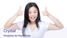  Presentation with asia - PPT layouts with compliment - excited asia woman thumb up background and a sky blue colored foreground