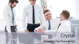  Presentation with shaking hands - Theme having compliment - happy employees shaking hands background and a light gray colored foreground