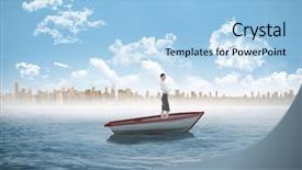  Presentation with sailboat - Presentation consisting of composite image of attractive peaceful businesswoman posing in a sailboat in the sea with city on horizon background and a light blue colored foreground