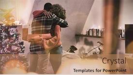  Presentation with millennial - Presentation theme with composite image of brown parquet against millennial adult friends celebrating christmas together at home background and a coral colored foreground