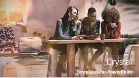  Presentation with millennial - Beautiful presentation featuring composite image of brown parquet against millennial adult friends celebrating christmas together at home backdrop and a tawny brown colored foreground