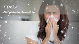  Presentation with sneezing - Slide deck featuring composite image of brunette sneezing in a tissue against snow falling background and a gray colored foreground