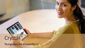  Presentation with spreadsheet data and business charts - Amazing PPT theme having composite image of business presentation backdrop and a  colored foreground