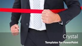  Presentation with finish line - Presentation design consisting of composite image of businessman crossing the finish line against clear sky background and a dark gray colored foreground
