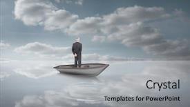  Presentation with sailboat - Presentation theme consisting of composite image of businessman holding his jacket in a sailboat in peaceful water and sky background and a light gray colored foreground