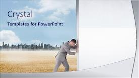  Presentation with horizon - Presentation theme consisting of composite image of businessman pushing away scene to large city on the horizon background and a light blue colored foreground