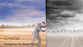  Presentation with horizon - Beautiful PPT layouts featuring composite image of businessman pushing away scene of cityscape on the horizon backdrop and a coral colored foreground