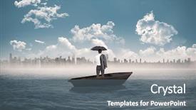  Presentation with sailboat - Slide set with composite image of businessman standing back to camera in a sailboat in the sea with city on horizon background and a gray colored foreground