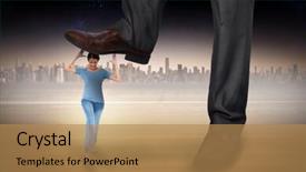  Presentation with stepping - Presentation enhanced with composite image of businessman stepping on girl against cityscape on the horizon background and a coral colored foreground