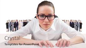  Presentation with composite - PPT theme featuring composite image of businesswoman typing on a keyboard against group of workers background and a lemonade colored foreground