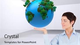  Presentation with show - Presentation theme consisting of composite image of businesswoman with an open hand to show a copy space against a white background background and a sky blue colored foreground