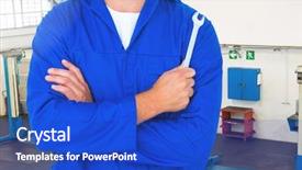  Presentation with mechanic shop - Audience pleasing PPT theme consisting of composite image of car mechanic holding wrench in repair shop backdrop and a cobalt blue colored foreground