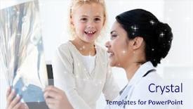  Presentation with caring - Audience pleasing theme consisting of composite image of caring female doctor showing an xray to a little girl with snow backdrop and a sky blue colored foreground