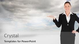  Presentation with space suit - Beautiful slide set featuring composite image of charming woman in suit showing a copy space while standing backdrop and a white colored foreground