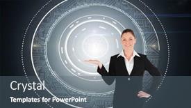  Presentation with space suit - Beautiful slide set featuring composite image of charming woman in suit showing a copy space while standing backdrop and a ocean colored foreground