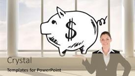  Presentation with space suit - Presentation design featuring composite image of charming woman in suit showing a copy space while standing background and a mint green colored foreground