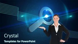  Presentation with space suit - PPT theme featuring composite image of charming woman in suit showing a copy space while standing background and a navy blue colored foreground