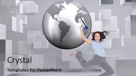 Presentation with classy - Presentation theme having composite image of cheerful classy businesswoman jumping while holding megaphone background and a light gray colored foreground