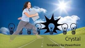  Presentation with classy - Slides having composite image of cheerful classy businesswoman jumping while holding clipboard background and a yellow colored foreground