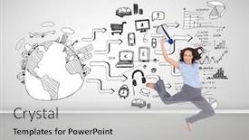  Presentation with classy - Slide deck with composite image of cheerful classy businesswoman jumping while holding megaphone background and a light gray colored foreground