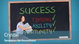  Presentation with classy - Slide set having composite image of cheerful classy businesswoman jumping while holding clipboard background and a ocean colored foreground