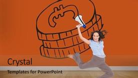  Presentation with classy - Slide set with composite image of cheerful classy businesswoman jumping while holding megaphone background and a red colored foreground