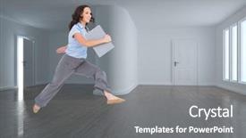  Presentation with classy - Beautiful presentation theme featuring composite image of cheerful classy businesswoman jumping while holding clipboard backdrop and a gray colored foreground