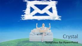  Presentation with email - Presentation theme having composite image of cheering beautiful businesswoman sitting on couch against cloud email background and a light blue colored foreground