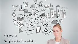  Presentation with economic - Colorful presentation theme enhanced with composite image of confident female executive smiling at camera in front of economic illustrations on grey background backdrop and a light gray colored foreground