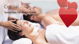  Presentation with shapes - PPT theme having composite image of couple getting spa treatment with heart shapes hanging in foreground background and a coral colored foreground